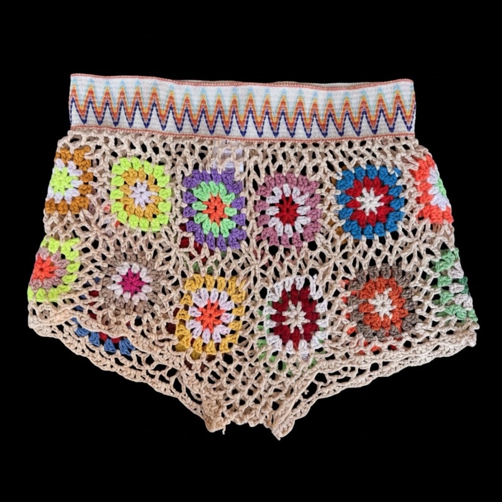 Granny Square Crochet Shorts Womens L Boho Festival Colorful Knit Pull On - Picture 2 of 13